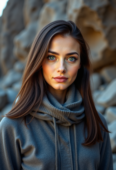 Portret na tle surowych górskich skał, chłodne światło dzienne, mocne tekstury kamienia, kontrast między postacią a naturą, realistyczny, dokumentalny styl.