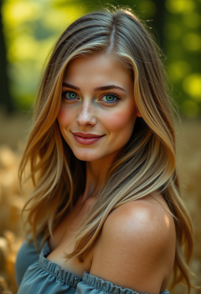 Model na zewnątrz, w naturze, w lesie lub dżungli, lub na polu pszenicy, ciesząca się naturalnym światem.