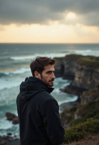 Samotna sylwetka na klifie nad oceanem, wiatr rozwiewający włosy, dramatyczne niebo, cinematic look, epicki klimat, naturalne światło