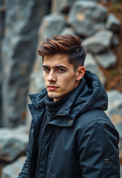 Portret na tle surowych górskich skał, chłodne światło dzienne, mocne tekstury kamienia, kontrast między postacią a naturą, realistyczny, dokumentalny styl.