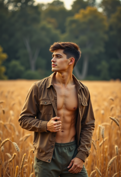 Model na zewnątrz, w naturze, w lesie lub dżungli, lub na polu pszenicy, ciesząca się naturalnym światem.