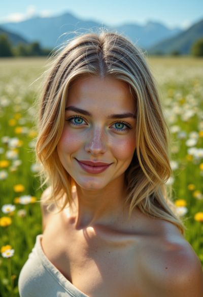 Portret wśród górskich łąk, dzikie kwiaty, jasne światło dzienne, świeżość i naturalność.