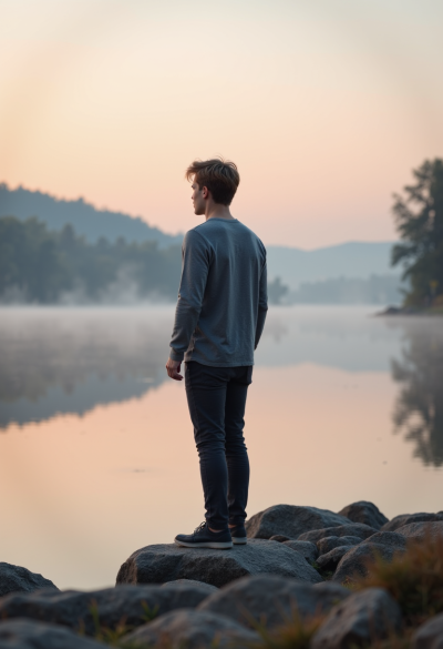 Portret przy jeziorze o świcie, mgła unosząca się nad wodą, pastelowe barwy, cisza i harmonia, ultra-realistyczna fotografia