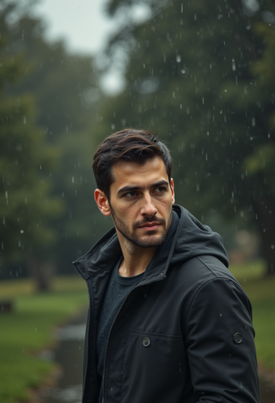 Portret w deszczu w naturalnym otoczeniu, krople wody widoczne w powietrzu, dramatyczna atmosfera, filmowy styl