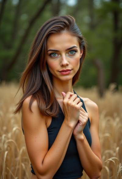 Model na zewnątrz, w naturze, w lesie lub dżungli, lub na polu pszenicy, ciesząca się naturalnym światem.