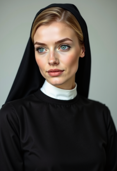 Ultrarealistyczna fotografia kobiety w typowym stroju zakonnicy, czarna sutanna o matowej fakturze, długi prosty krój, biały welon i biały kołnierz idealnie kontrastujące z czernią, naturalne zagniecenia materiału, twarz wyraźnie widoczna, spokojna neutralna mimika, miękkie światło, fotografia w stylu fashion editorial, bardzo realistyczna skóra, brak przesadnego retuszu.