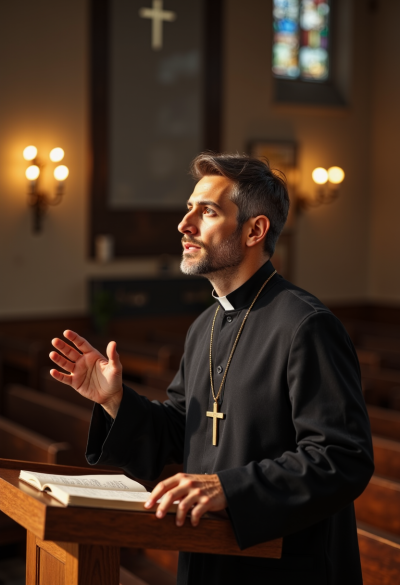 Ultrarealistyczna fotografia księdza głoszącego kazanie z ambony, czarna sutanna i stuła liturgiczna, gest dłoni w trakcie mówienia, naturalna mimika, dynamiczne, ale miękkie światło kościoła, estetyka reportażu religijnego wysokiej klasy.