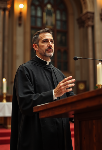 Ultrarealistyczna fotografia księdza głoszącego kazanie z ambony, czarna sutanna i stuła liturgiczna, gest dłoni w trakcie mówienia, naturalna mimika, dynamiczne, ale miękkie światło kościoła, estetyka reportażu religijnego wysokiej klasy.