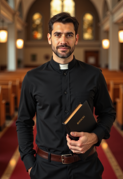 Mężczyzna w typowym stroju księdza. Czarna elegancka koszula, czarne spodnie z paskiem, biała koloratka w rękach biblia. Sceneria kościelna.