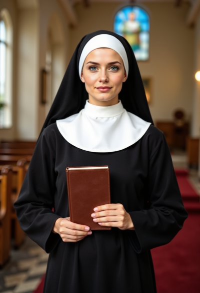 Kobieta w typowym stroju zakonnicy. Czarna sutanna, biały kołnierz, biały welon, w rękach biblia. Sceneria kościelna.