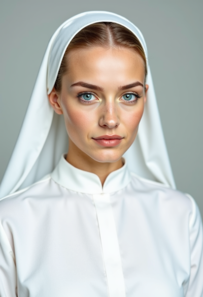 Ultrarealistyczna fotografia kobiety w tradycyjnym białym habicie zakonnicy, długi prosty krój, biały welon i tunika, subtelna faktura tkaniny, naturalne światło, spokojna neutralna mimika, czysta minimalistyczna kompozycja, fotografia editorial premium.