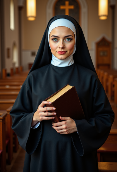 Kobieta w typowym stroju zakonnicy. Czarna sutanna, biały kołnierz, biały welon, w rękach biblia. Sceneria kościelna.