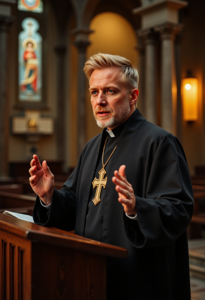 Ultrarealistyczna fotografia księdza głoszącego kazanie z ambony, czarna sutanna i stuła liturgiczna, gest dłoni w trakcie mówienia, naturalna mimika, dynamiczne, ale miękkie światło kościoła, estetyka reportażu religijnego wysokiej klasy.
