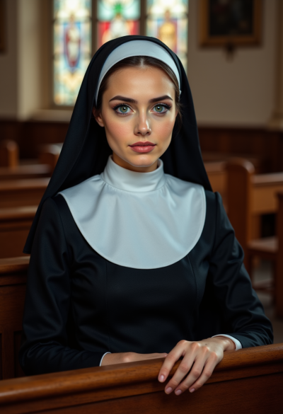 Ultrarealistyczna fotografia kobiety w typowym stroju zakonnicy siedzącej w drewnianej ławce w kościele, czarna sutanna o matowej fakturze, biały welon i biały kołnierz wyraźnie kontrastujące z czernią, dłonie złożone na kolanach, twarz wyraźnie widoczna z profilu, spokojna skupiona mimika, miękkie światło wpadające przez witraże, widoczne detale drewna i kamiennego wnętrza, fotografia w stylu premium editorial.