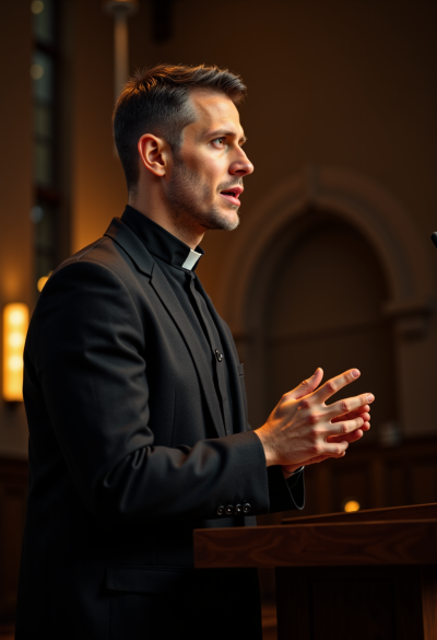 Ultrarealistyczna fotografia księdza głoszącego kazanie z ambony, czarna sutanna i stuła liturgiczna, gest dłoni w trakcie mówienia, naturalna mimika, dynamiczne, ale miękkie światło kościoła, estetyka reportażu religijnego wysokiej klasy.