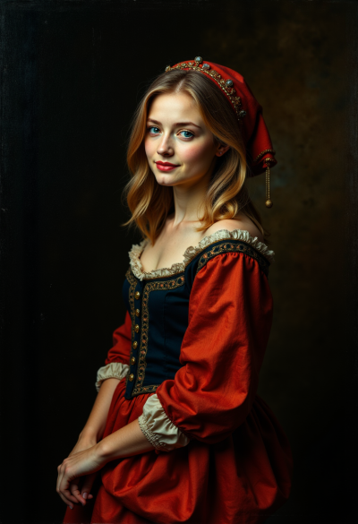 Portret w stylu barokowego malarstwa olejnego, ciemne tło, bogaty strój, realistyczna gra światłocienia, styl muzealny
