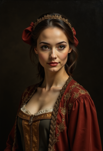 Portret w stylu barokowego malarstwa olejnego, ciemne tło, bogaty strój, realistyczna gra światłocienia, styl muzealny.