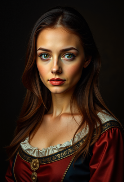 Portret w stylu barokowego malarstwa olejnego, ciemne tło, bogaty strój, realistyczna gra światłocienia, styl muzealny.