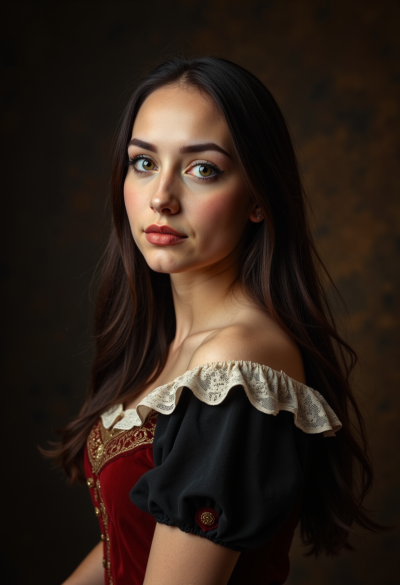 Portret w stylu barokowego malarstwa olejnego, ciemne tło, bogaty strój, realistyczna gra światłocienia, styl muzealny