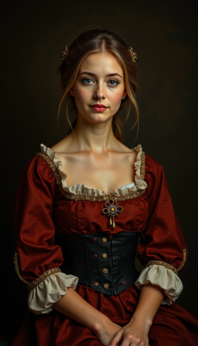 Portret w stylu barokowego malarstwa olejnego, ciemne tło, bogaty strój, realistyczna gra światłocienia, styl muzealny