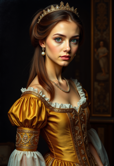 Portret młodej kobiety jako barokowej królowej, złota suknia z bogatymi haftami, perłowa biżuteria, dramatyczne światło chiaroscuro, ciemne tło, hiperrealizm, ultra-detale, królewska poza, malarstwo olejne XVII wieku