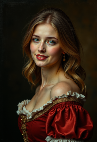 Portret w stylu barokowego malarstwa olejnego, ciemne tło, bogaty strój, realistyczna gra światłocienia, styl muzealny