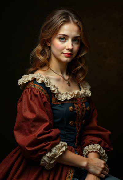 Portret w stylu barokowego malarstwa olejnego, ciemne tło, bogaty strój, realistyczna gra światłocienia, styl muzealny