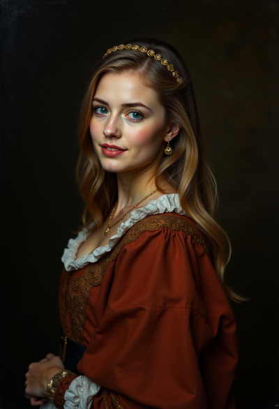 Portret w stylu barokowego malarstwa olejnego, ciemne tło, bogaty strój, realistyczna gra światłocienia, styl muzealny