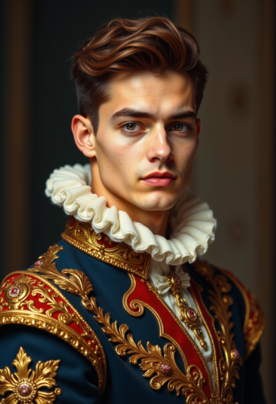 Barokowy portret szlachcica, bogaty kołnierz, złote hafty, bezkompromisowe spojrzenie, klasyczne malarstwo w wersji ultra-realistycznej.