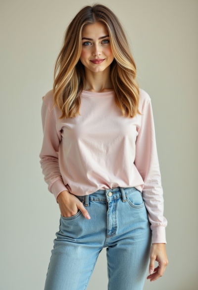 Ultrarealistyczne zdjęcie kobiety w koszulce z długim rękawem (long sleeve) z cienkiej bawełny, jasne jeansy, casualowy strój do codziennego użytku, naturalna mimika.
