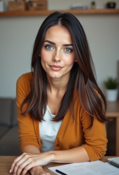 Ultrarealistyczna fotografia kobiety siedzącej przy biurku w domu, casualowy strój, miękkie światło, naturalna mimika, profesjonalny look zdjęcia lifestyle.