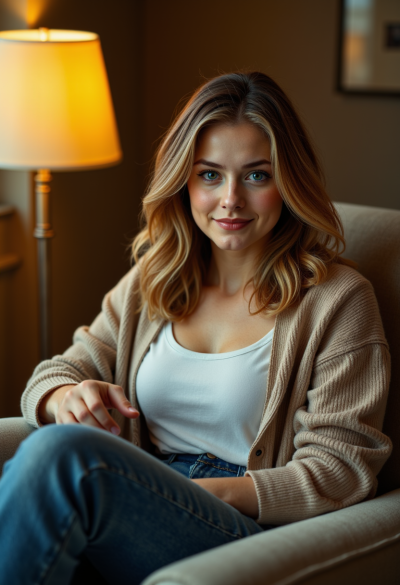 Ultrarealistyczna fotografia kobiety siedzącej na fotelu przy lampie, sweter typu cardigan z widocznym splotem, top z miękkiej bawełny pod spodem, jeansy, ciepłe, punktowe oświetlenie, miękkie cienie, estetyka premium lifestyle.