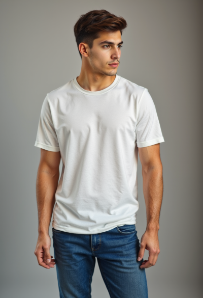 Ultrarealistyczna fotografia mężczyzny w casualowym stroju: bawełniany T-shirt o średniej gramaturze, lekko luźny, z naturalnymi zagnieceniami, klasyczne niebieskie jeansy straight fit z miękkiego denimu, delikatnie sprane, twarz wyraźnie widoczna, naturalna mimika, miękkie światło dzienne, fotografia jak z profesjonalnej sesji lifestyle.