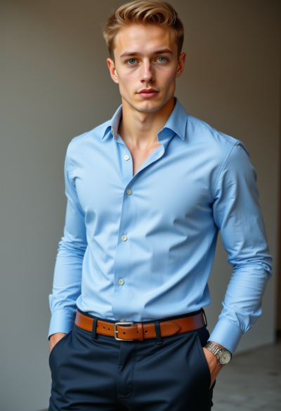 Ultrarealistyczna fotografia mężczyzny w eleganckiej koszuli oxford w jasnym błękicie, lekko rozpięty kołnierzyk, ciemne spodnie chino, skórzany pasek w kolorze koniaku z matową klamrą, klasyczny zegarek z jasną tarczą i skórzanym paskiem, naturalne światło, fotografia jak z sesji editorial premium.
