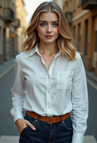 Ultrarealistyczne zdjęcie kobiety w lnianej koszuli o wyraźnej strukturze, lekko pogniecionej w naturalny sposób, ciemne jeansy straight fit, skórzany pasek w kolorze koniaku, delikatny makijaż, estetyka europejskiego smart casual.