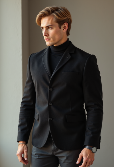 Mężczyzna w ciemnej marynarce z delikatną fakturą (hopsack), cienki golf z wełny merino, ciemne spodnie casualowe, zegarek na stalowej bransolecie, minimalistyczna elegancja, miękkie światło boczne.
