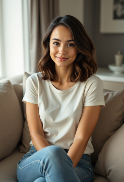 Ultrarealistyczna fotografia kobiety siedzącej na sofie w ciepłym salonie, ubrana w klasyczny bawełniany T-shirt o średniej gramaturze, lekko luźny, w kolorze złamanej bieli, niebieskie jeansy o prostym kroju, delikatnie sprane, naturalne światło z okna z lewej strony, miękkie cienie, twarz wyraźnie widoczna, fotografia jak z sesji lifestyle wykonanej przez doświadczonego fotografa.