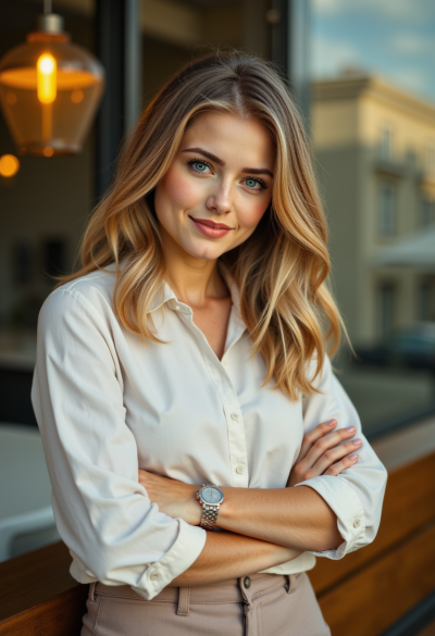 Profesjonalna, ultrarealistyczna fotografia kobiety w eleganckim stroju casual (koszula lub cienki sweter, spodnie materiałowe, subtelne dodatki), widoczne faktury tkanin, naturalna poza, lekki, ciepły uśmiech, zdjęcie jak z magazynu premium lifestyle o wysokiej zmienności efektów.