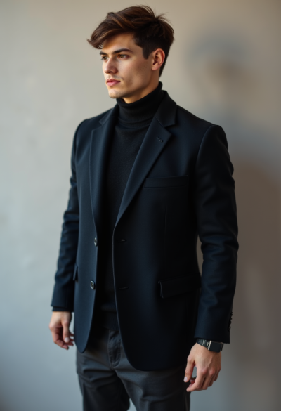 Mężczyzna w ciemnej marynarce z delikatną fakturą (hopsack), cienki golf z wełny merino, ciemne spodnie casualowe, zegarek na stalowej bransolecie, minimalistyczna elegancja, miękkie światło boczne.