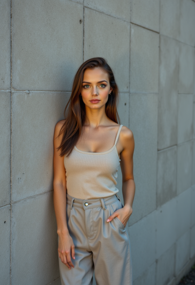 Kobieta stojąca przy ścianie z betonu lub cegły, prosty casualowy outfit, twarz wyraźnie widoczna, miękkie światło, minimalistyczna estetyka fotografii modowej.