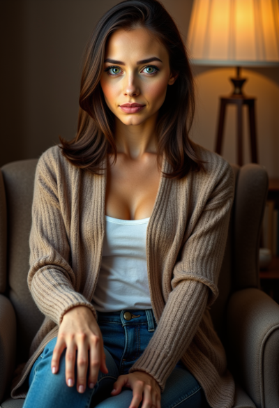 Ultrarealistyczna fotografia kobiety siedzącej na fotelu przy lampie, sweter typu cardigan z widocznym splotem, top z miękkiej bawełny pod spodem, jeansy, ciepłe, punktowe oświetlenie, miękkie cienie, estetyka premium lifestyle.