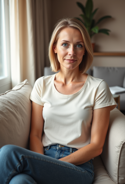 Ultrarealistyczna fotografia kobiety siedzącej na sofie w ciepłym salonie, ubrana w klasyczny bawełniany T-shirt o średniej gramaturze, lekko luźny, w kolorze złamanej bieli, niebieskie jeansy o prostym kroju, delikatnie sprane, naturalne światło z okna z lewej strony, miękkie cienie, twarz wyraźnie widoczna, fotografia jak z sesji lifestyle wykonanej przez doświadczonego fotografa.