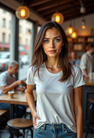 Ultrarealistyczna fotografia kobiety w casualowym stroju w miejskiej kawiarni, prosta koszulka i jeansy, naturalne światło wpadające przez okno, twarz wyraźnie widoczna, naturalna mimika, płytka głębia ostrości, zdjęcie jak z profesjonalnej sesji lifestyle.