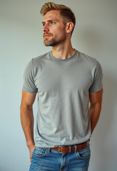 Ultrarealistyczna fotografia mężczyzny w casualowym stroju: bawełniany T-shirt o średniej gramaturze, lekko luźny, z naturalnymi zagnieceniami, klasyczne niebieskie jeansy straight fit z miękkiego denimu, delikatnie sprane, twarz wyraźnie widoczna, naturalna mimika, miękkie światło dzienne, fotografia jak z profesjonalnej sesji lifestyle.