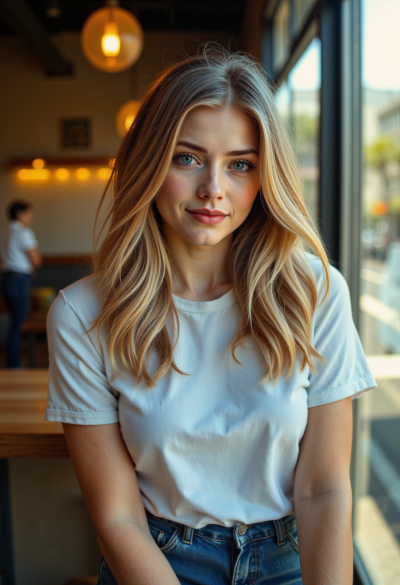 Ultrarealistyczna fotografia kobiety w casualowym stroju w miejskiej kawiarni, prosta koszulka i jeansy, naturalne światło wpadające przez okno, twarz wyraźnie widoczna, naturalna mimika, płytka głębia ostrości, zdjęcie jak z profesjonalnej sesji lifestyle,