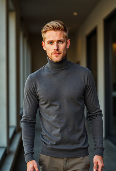 Ultrarealistyczny portret mężczyzny w cienkim golfie z wełny lub wiskozy, spodnie materiałowe o prostym kroju, spokojna, pewna mimika, styl europejskiej elegancji casual.