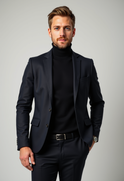 Mężczyzna w ciemnej marynarce z delikatną fakturą (hopsack), cienki golf z wełny merino, ciemne spodnie casualowe, zegarek na stalowej bransolecie, minimalistyczna elegancja, miękkie światło boczne.