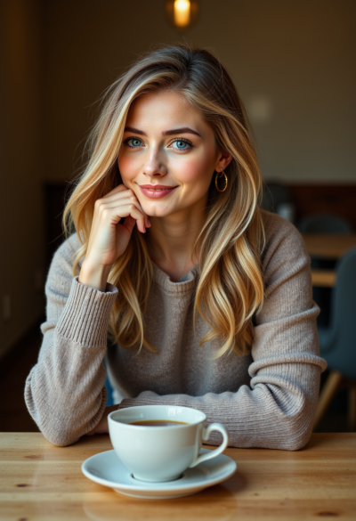Profesjonalna fotografia kobiety przy stole z kubkiem herbaty, cienki sweter z wełny merino, ciemne jeansy, delikatny szal narzucony na ramiona, ciepłe światło popołudnia, realistyczne kolory skóry i materiałów.