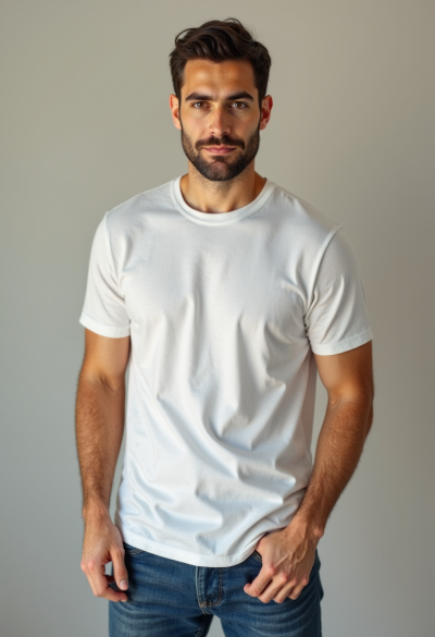 Ultrarealistyczna fotografia mężczyzny w casualowym stroju: bawełniany T-shirt o średniej gramaturze, lekko luźny, z naturalnymi zagnieceniami, klasyczne niebieskie jeansy straight fit z miękkiego denimu, delikatnie sprane, twarz wyraźnie widoczna, naturalna mimika, miękkie światło dzienne, fotografia jak z profesjonalnej sesji lifestyle.