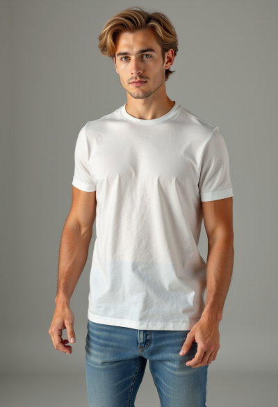 Ultrarealistyczna fotografia mężczyzny w casualowym stroju: bawełniany T-shirt o średniej gramaturze, lekko luźny, z naturalnymi zagnieceniami, klasyczne niebieskie jeansy straight fit z miękkiego denimu, delikatnie sprane, twarz wyraźnie widoczna, naturalna mimika, miękkie światło dzienne, fotografia jak z profesjonalnej sesji lifestyle.